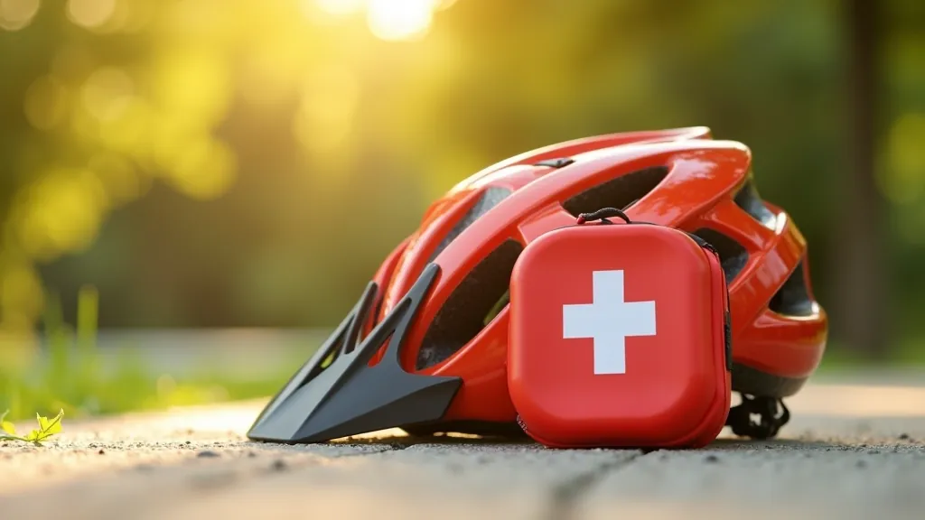 Detailní snímek cyklistické helmy a malé lékárničky na slunečném pozadí