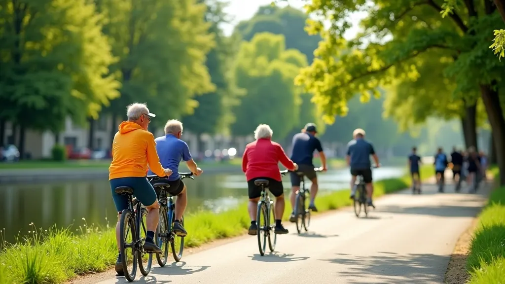 Skupina seniorů na kolech u Baťova kanálu