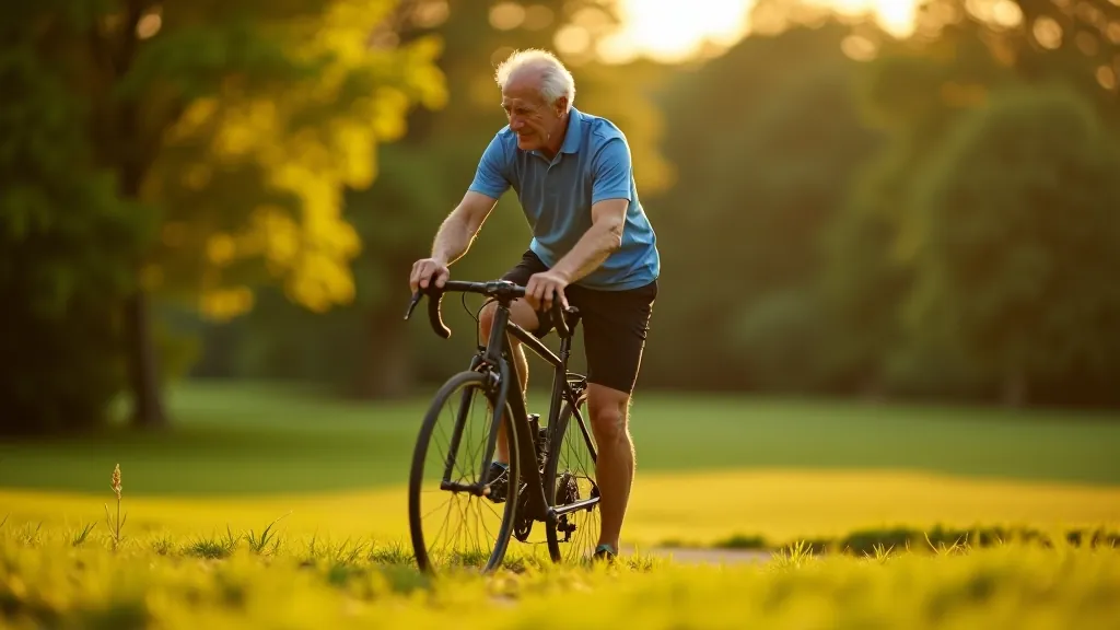 Senior muž se natahuje před jízdou na kole, park, ranní sluneční světlo